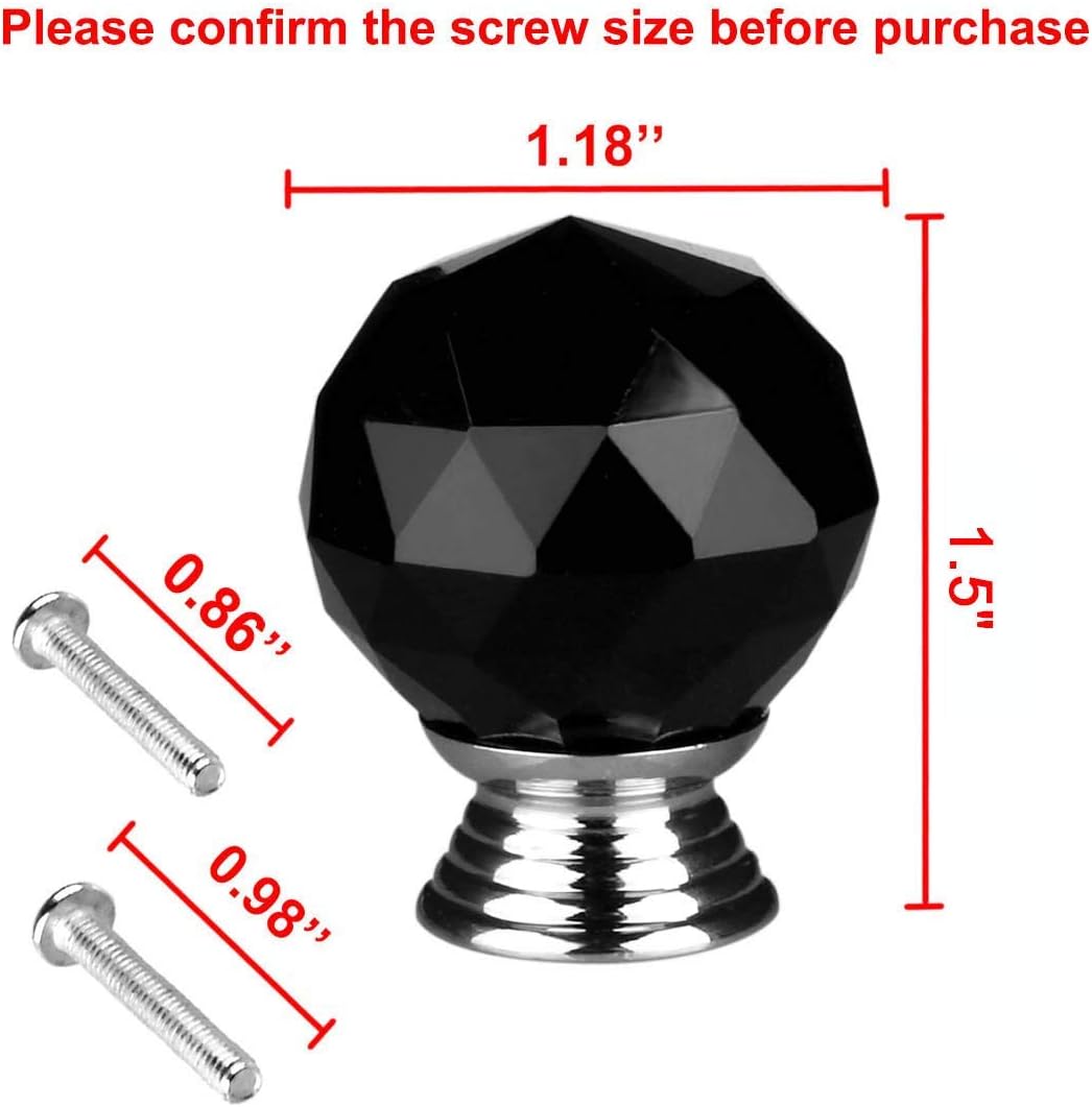 Round Shape Crystal Glass 30mm Kitchen Cabinet Door Drawer Knob Cupboard Dresser Wardrobe Pull Handle with Screws, 10Pcs Black