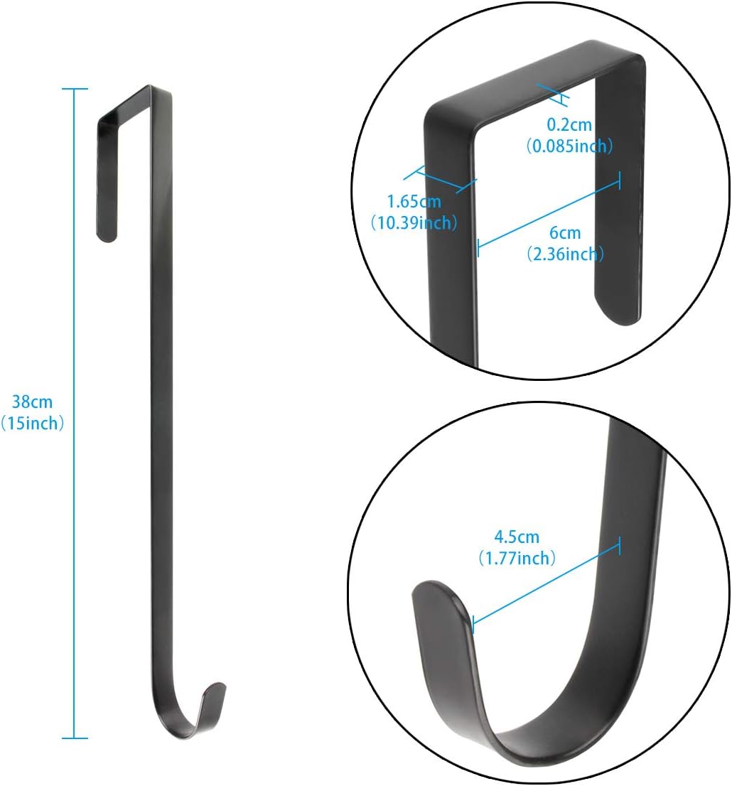 15" L Premium Over The Door Metal Wreath Hanger Metal Hook 2packs (Black)