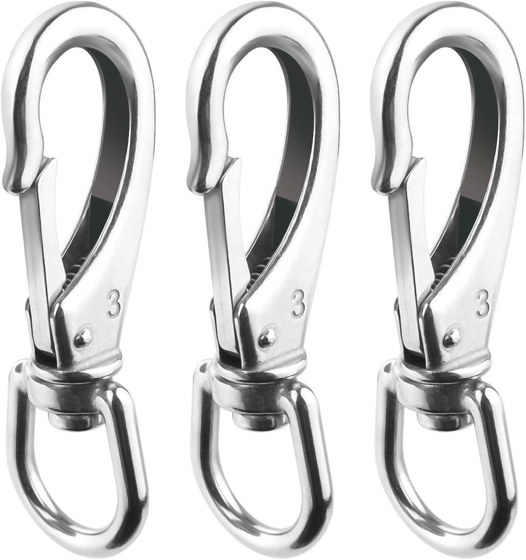 Stainless Steel Swivel Eye Snap Hook, 3 Pack (4.6 Inch) Heavy Duty Flag Clips for Flagpole Rope, Diving Clips Spring Hooks for Bird Feeders, Pet Chains, Dog Tie-Out Cable, Keychains