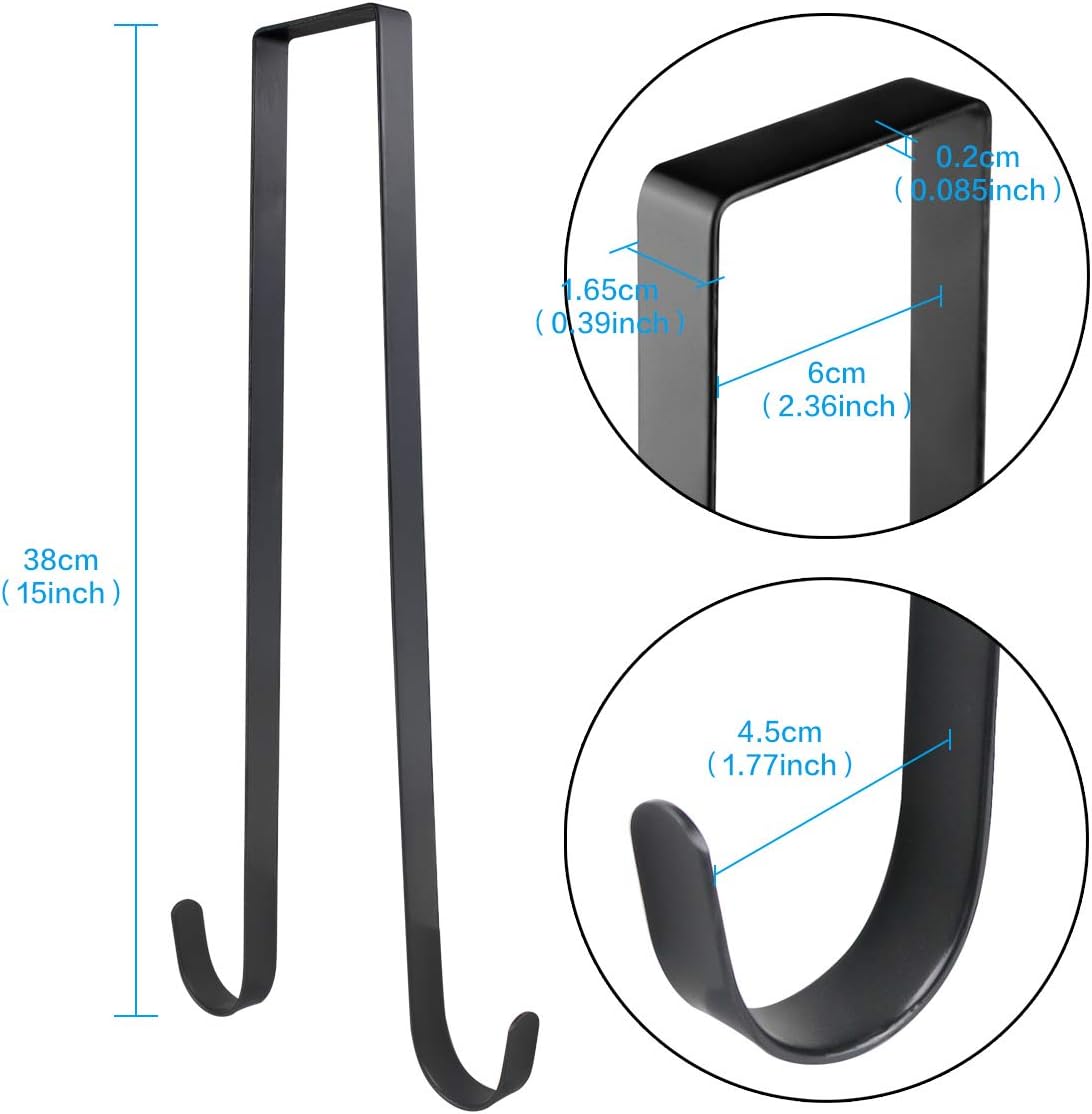 15 Inches Double Side Wreath Hangers Over The Door - Large Wreath Metal Hook for Christmas Wreath Front Door Hanger - Holds 2 Wreaths with This 2 Sided Hanger (Black)