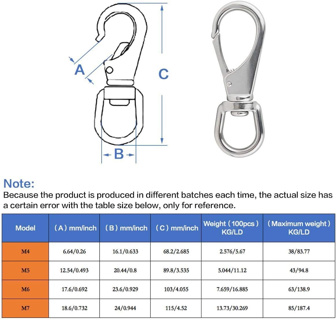 Stainless Steel Swivel Eye Snap Hooks (4 x 1-1/2 Inch) Scuba Diving Clips Universal Marine Hardware Spring Buckles for Bird Feeders/Pet Chains/Collars/Keychains and More M6(2#) 4-Pack