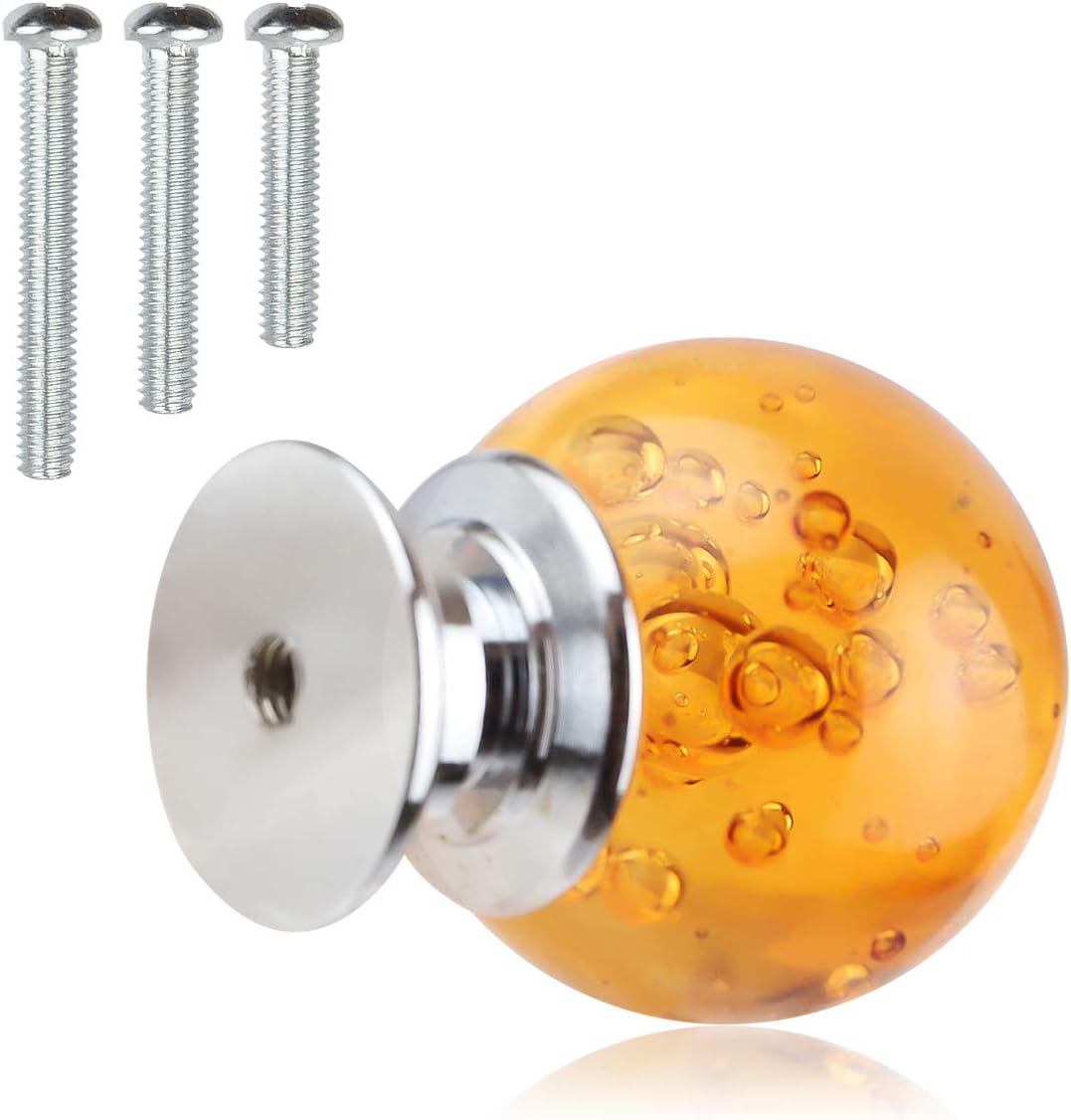 12 PCS Crystal Cabinet Knobs Round Glass Bubbles Knobs Smooth Drawer Pulls Handle for Home, Cabinet, Drawer and Dresser with 3 Different Size Screws, 30MM (Amber)