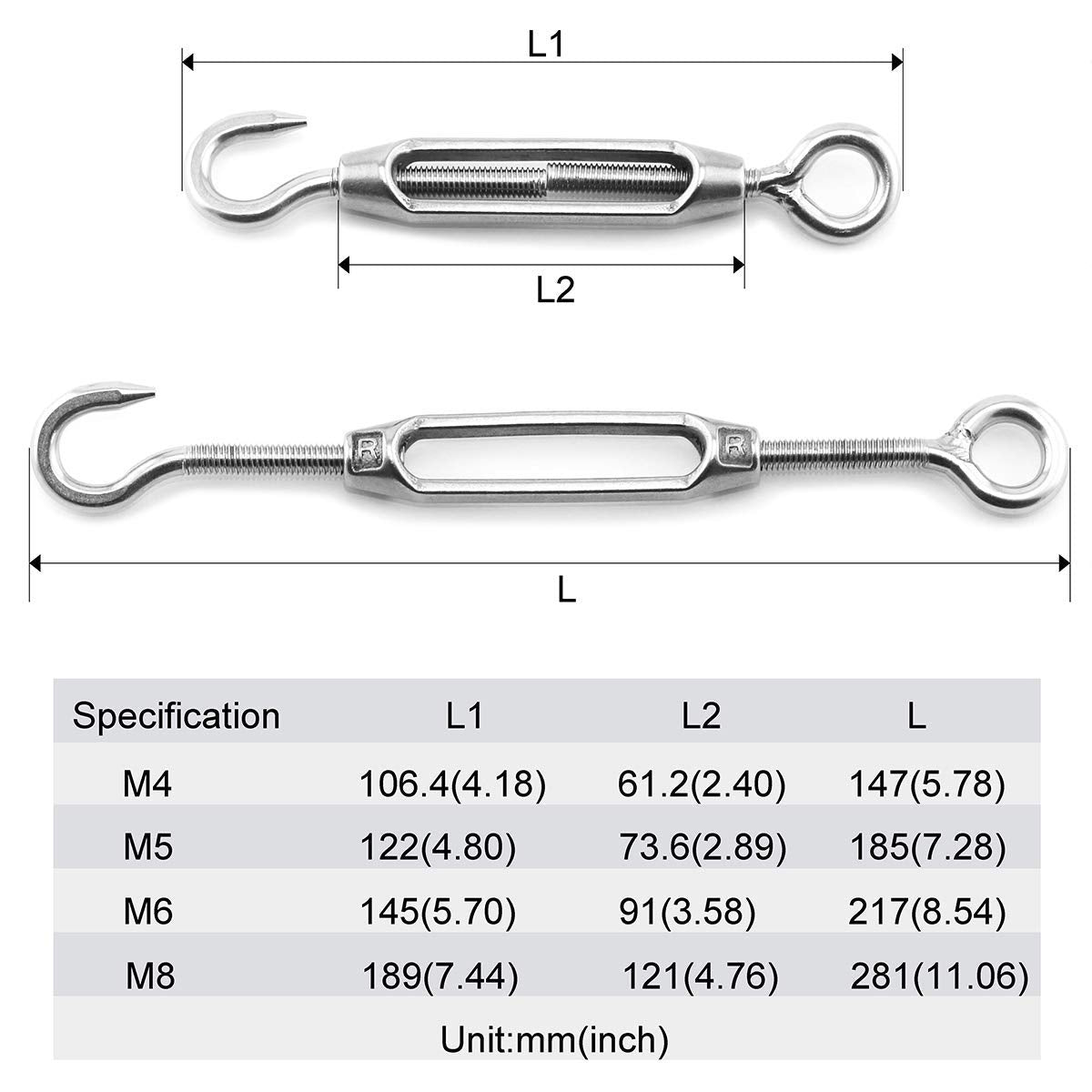 M6 1/4 inch Turnbuckles Hook, 304 Stainless Steel Turnbuckle Heavy Duty Wire Rope Tension Cable Railing Kit for Sun Shade Tent Installation,Pack of 8 (M8-4 Pack)