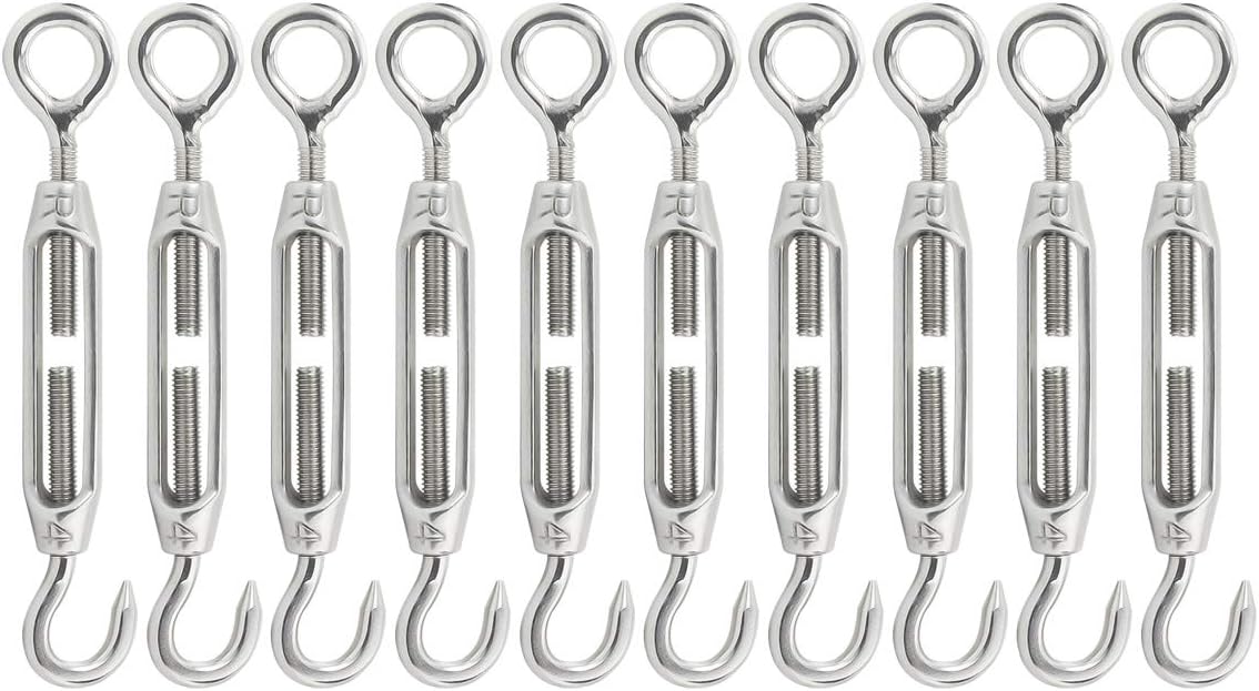 10 Pcs M4/5/32 Hook and Eye Turnbuckle 304 Stainless Steel Turnbuckles for Cables Wire Rope Tension for DIY String Light Picture Hanging Fence Gate Wire Tent Rope