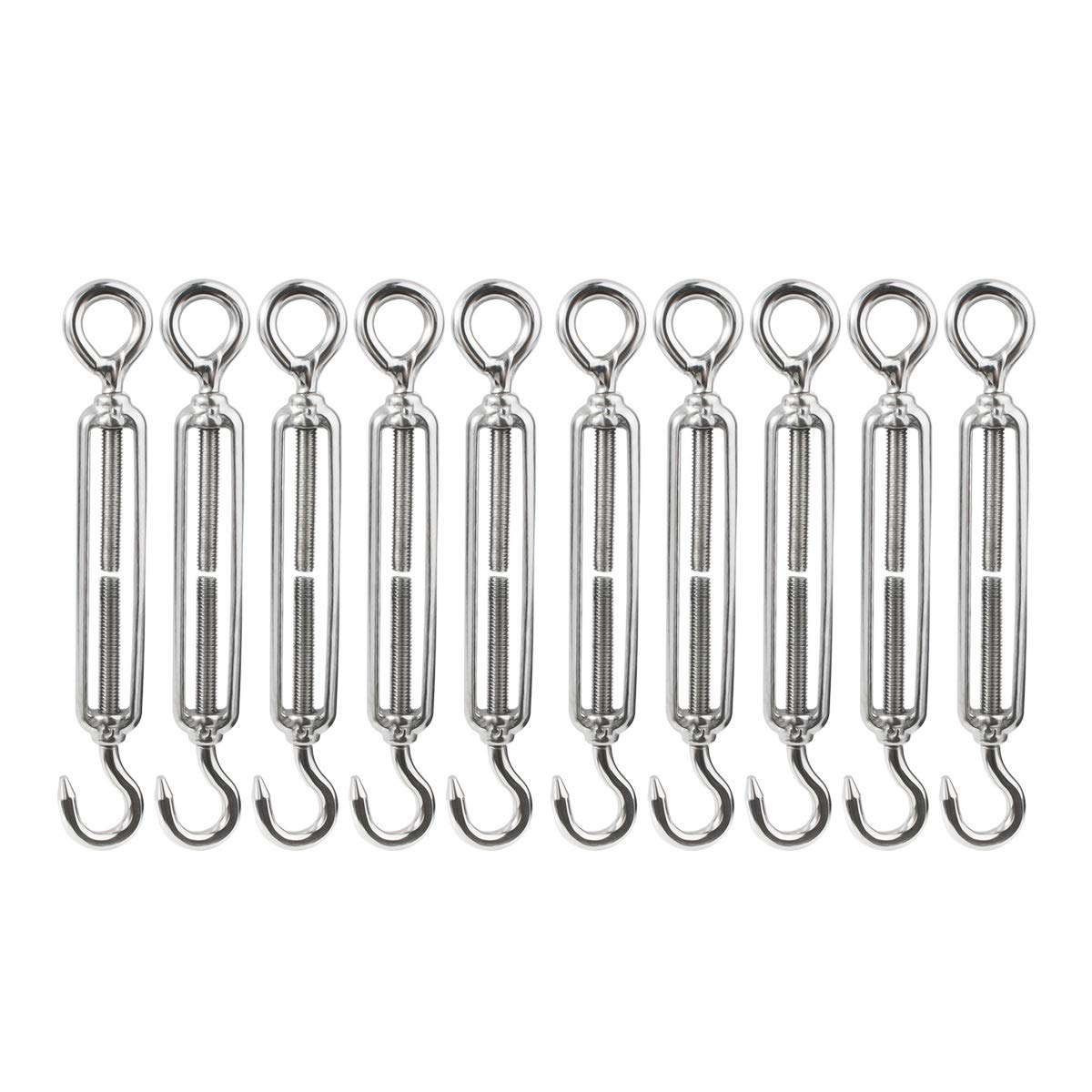 M5 3/16 inch Hook & Eye/C to O Turnbuckle 304 Stainless Steel, Hardware Kit for Wire Rope Tension Heavy Duty, for Sun Shade, Tent Installation, Anti-Rust, 10 Packs
