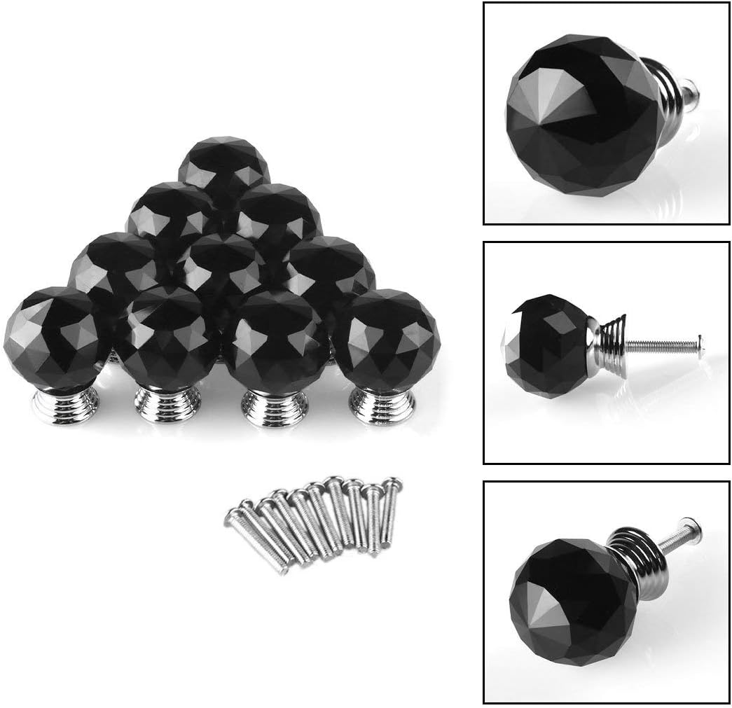 Round Shape Crystal Glass 30mm Kitchen Cabinet Door Drawer Knob Cupboard Dresser Wardrobe Pull Handle with Screws, 10Pcs Black