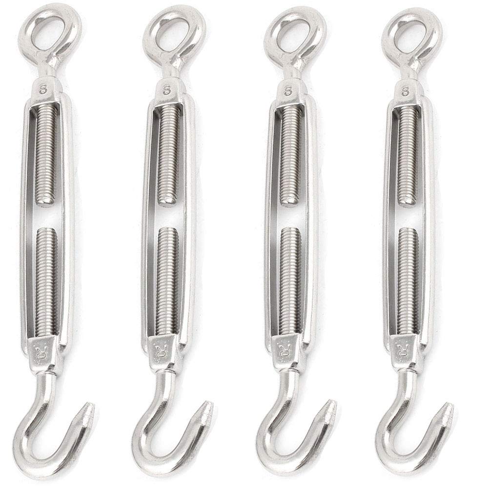 M6 1/4 inch Turnbuckles Hook, 304 Stainless Steel Turnbuckle Heavy Duty Wire Rope Tension Cable Railing Kit for Sun Shade Tent Installation,Pack of 8 (M8-4 Pack)