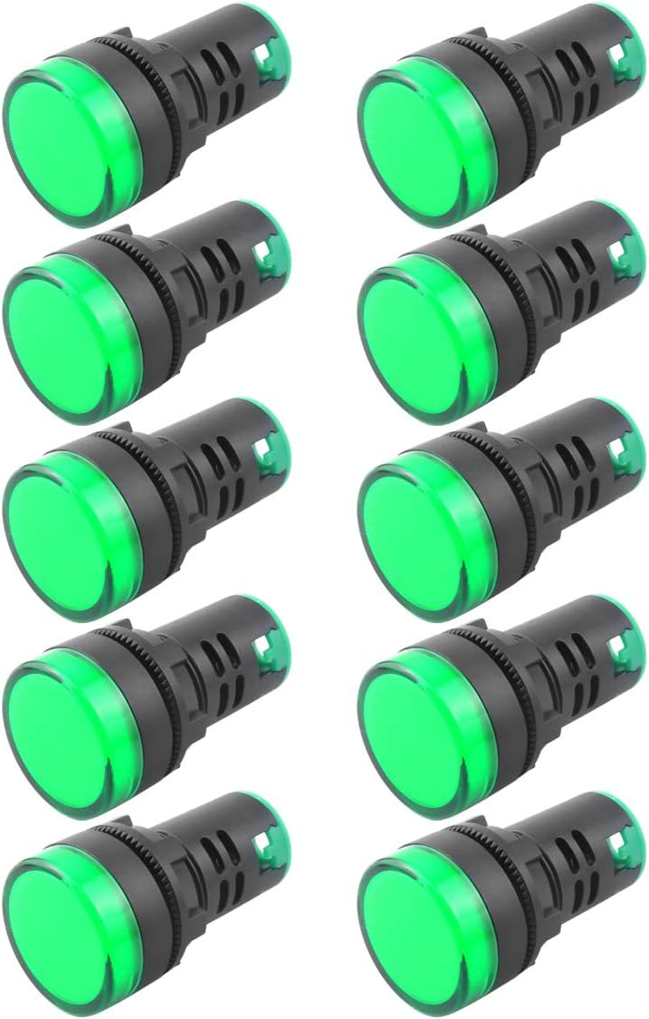 12V/24V/110V 20mA Energy Saving LED Indicator Light Mounting Hole Size 22mm (7/8 Inch) Green Yellow Red Blue White (24V) 10 Pcs (Green, 24V)