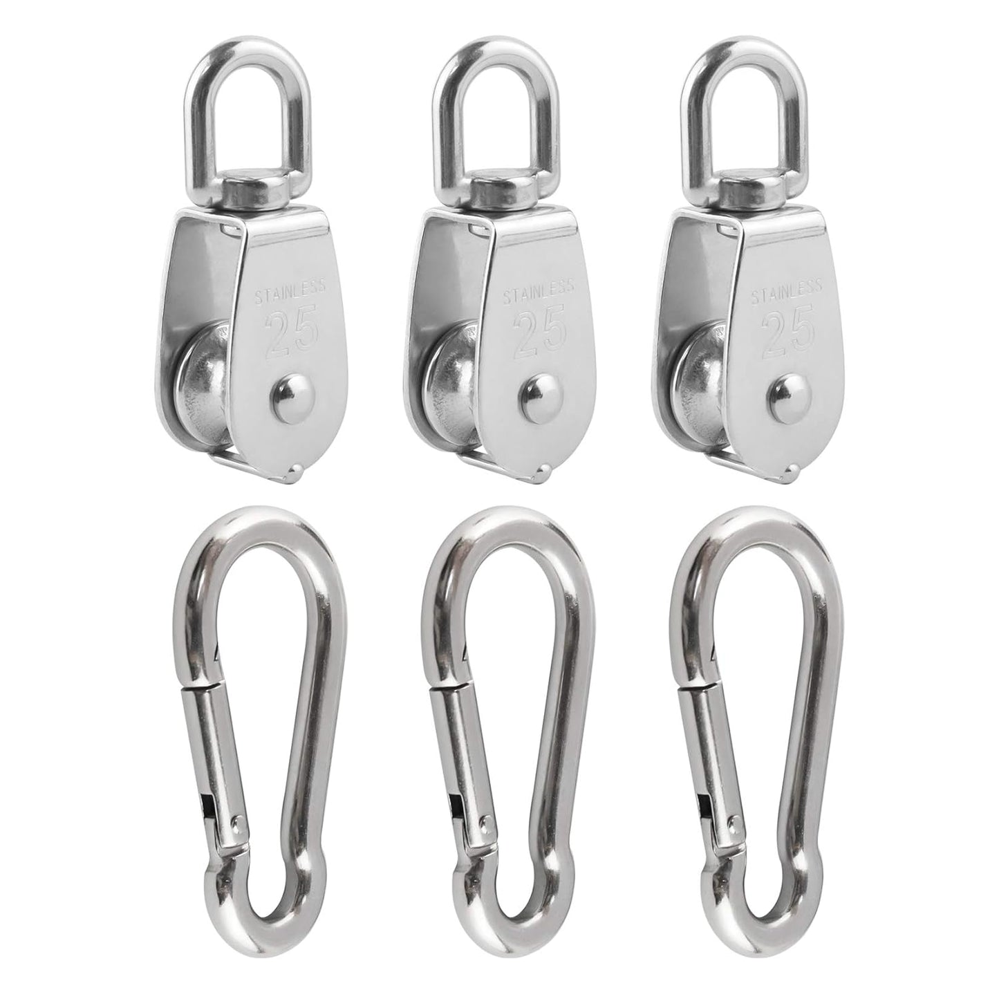 3Pcs 304 Stainless Steel M32 Single Pulley Block, Wire Rope Hanging Wire Towing Wheel, with 3Pcs Spring Snap Hook