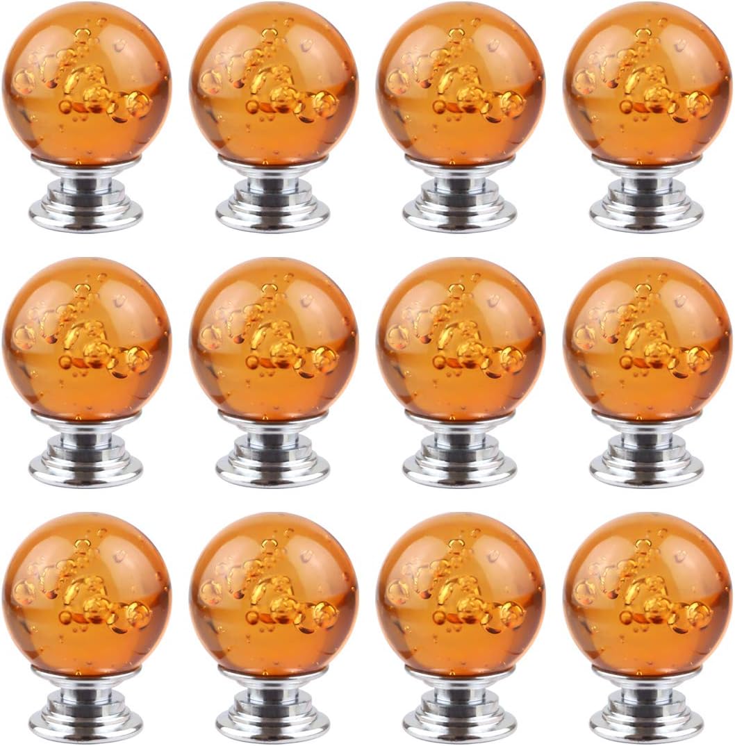 12 PCS Crystal Cabinet Knobs Round Glass Bubbles Knobs Smooth Drawer Pulls Handle for Home, Cabinet, Drawer and Dresser with 3 Different Size Screws, 30MM (Amber)