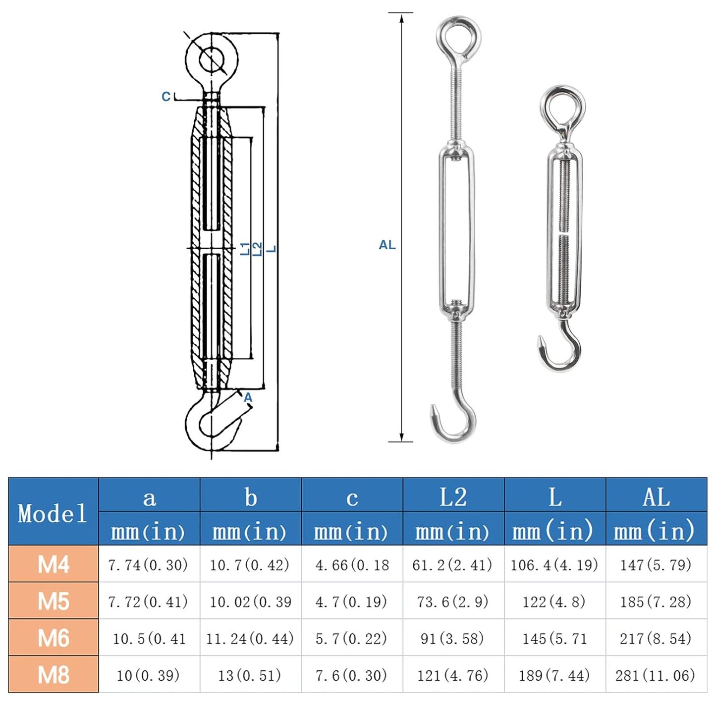 M5 3/16 inch Hook & Eye/C to O Turnbuckle 304 Stainless Steel, Hardware Kit for Wire Rope Tension Heavy Duty, for Sun Shade, Tent Installation, Anti-Rust, 10 Packs
