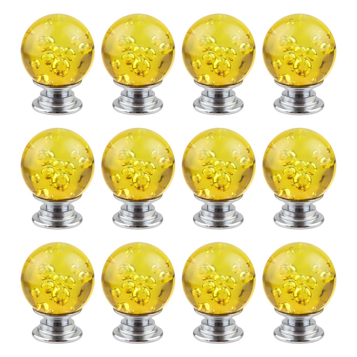 12 PCS Crystal Cabinet Knobs Round Glass Bubbles Knobs Smooth Drawer Pulls Handle for Home, Cabinet, Drawer and Dresser with 3 Different Size Screws, 30MM (Amber)