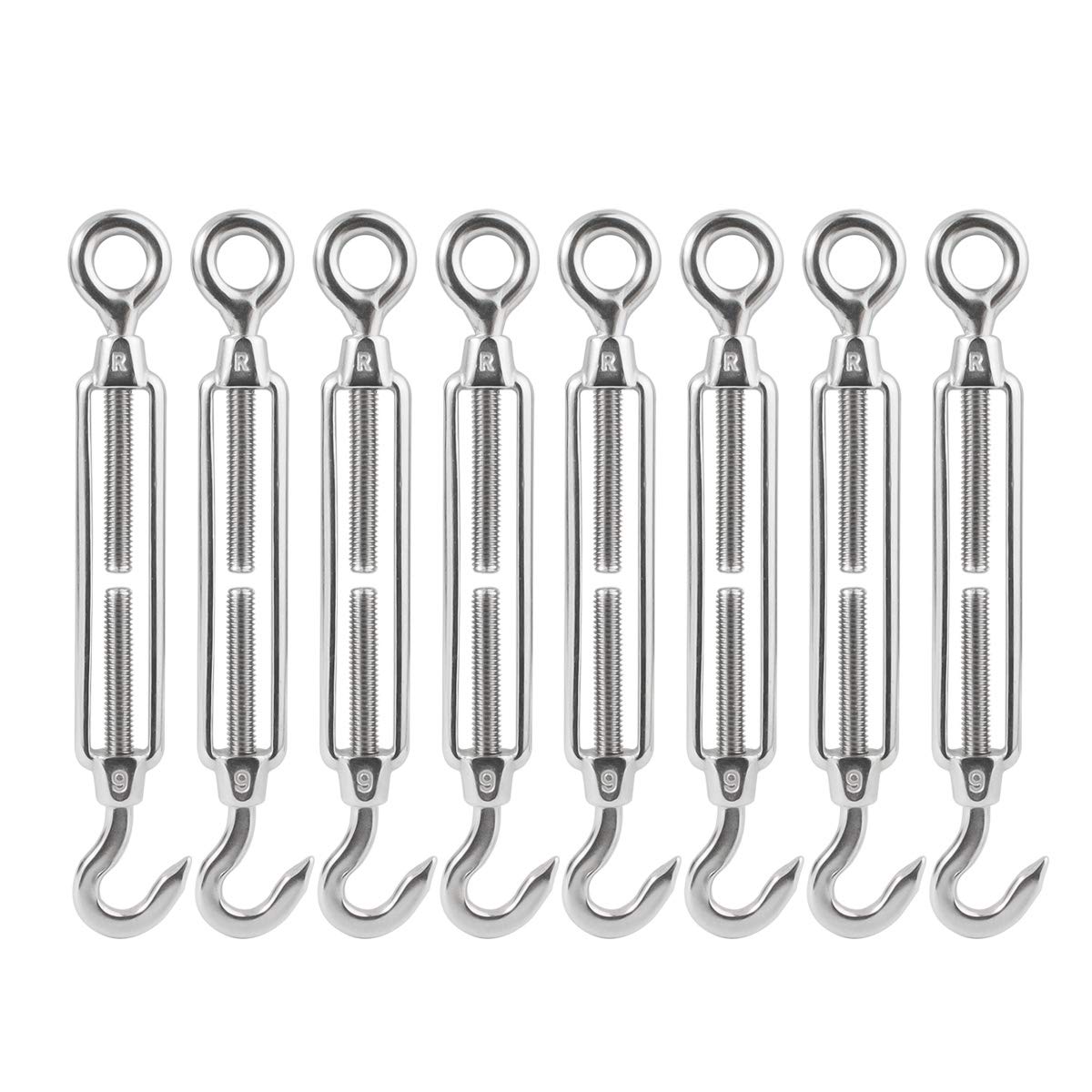 M6 1/4 inch Turnbuckles Hook, 304 Stainless Steel Turnbuckle Heavy Duty Wire Rope Tension Cable Railing Kit for Sun Shade Tent Installation,Pack of 8