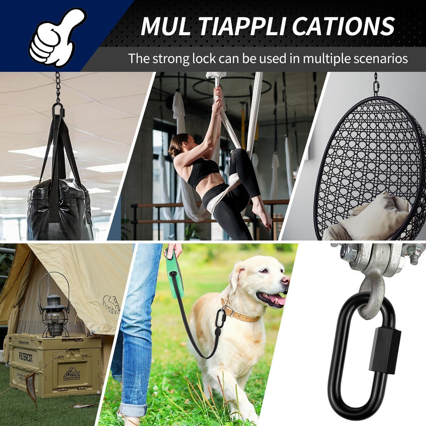 Stainless Steel Chain Quick Links- Locking Carabiners, Chain Hooks, Twist Key Ring Screw Chain Link,Black