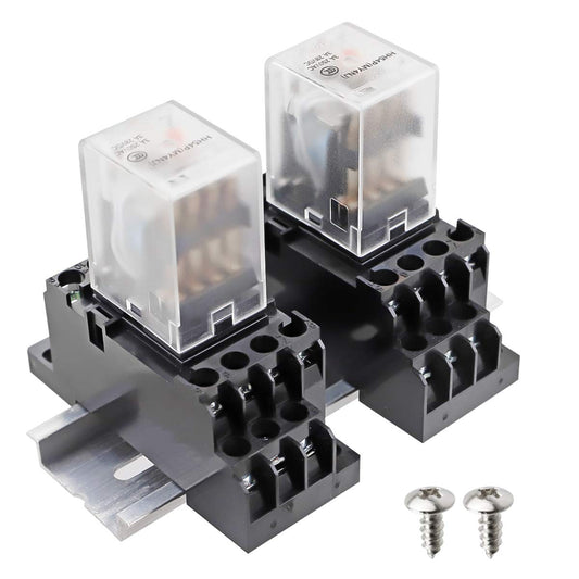 HH54P AC 24V Coil 14 Pin 5A 4PDT LED Indicator Electromagnetic Power Relay, with Base, with DIN Rail Slotted Aluminum 2pcs