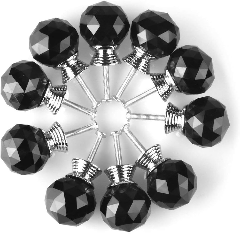 Round Shape Crystal Glass 30mm Kitchen Cabinet Door Drawer Knob Cupboard Dresser Wardrobe Pull Handle with Screws, 10Pcs Black