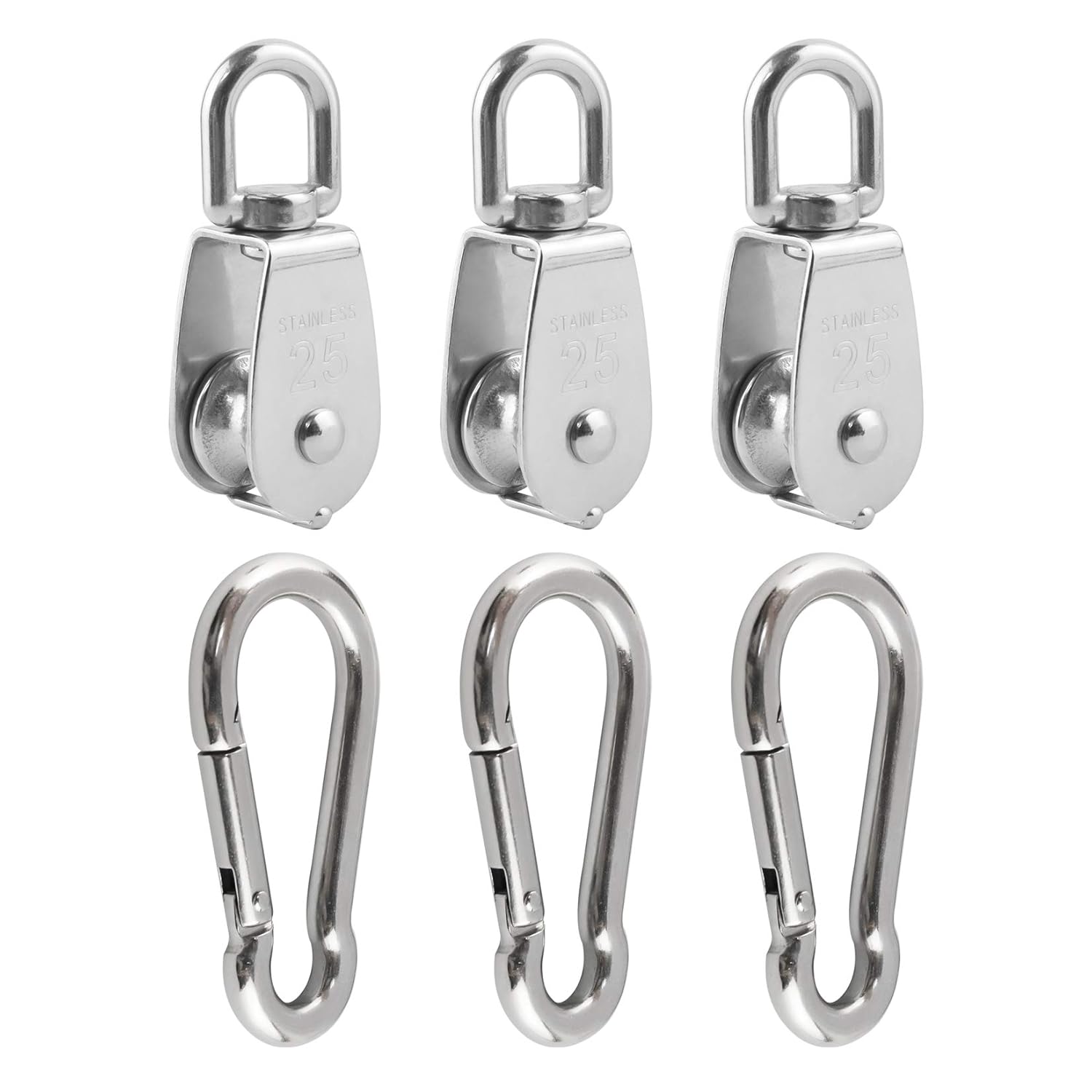 3Pcs 304 Stainless Steel M32 Single Pulley Block, Wire Rope Hanging Wire Towing Wheel, with 3Pcs Spring Snap Hook