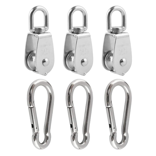 3Pcs 304 Stainless Steel M32 Single Pulley Block, Wire Rope Hanging Wire Towing Wheel, with 3Pcs Spring Snap Hook