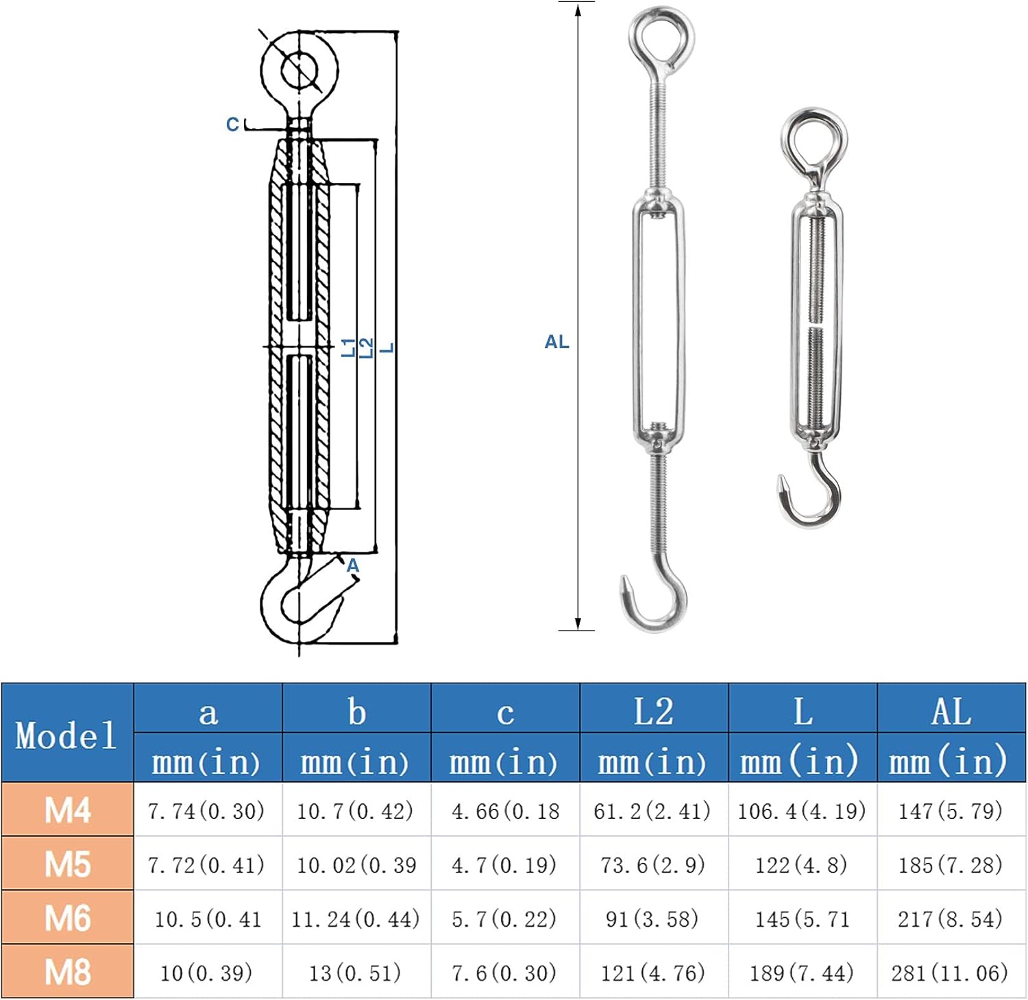10 Pcs M4/5/32 Hook and Eye Turnbuckle 304 Stainless Steel Turnbuckles for Cables Wire Rope Tension for DIY String Light Picture Hanging Fence Gate Wire Tent Rope