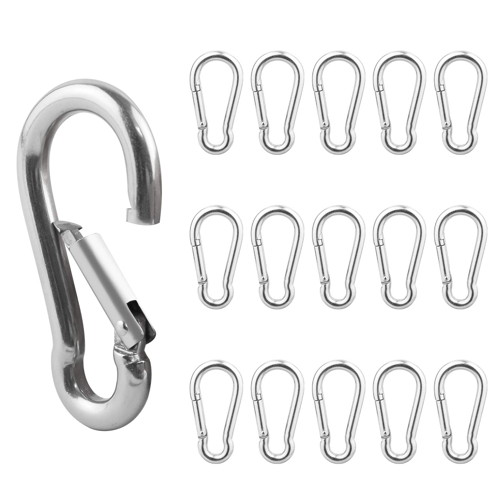 1.57 Inch Stainless Steel Carabiner Clip, 30 Pack, 304 Marine Grade, Heavy Duty Spring Snap Hooks, Mini and Large Sizes