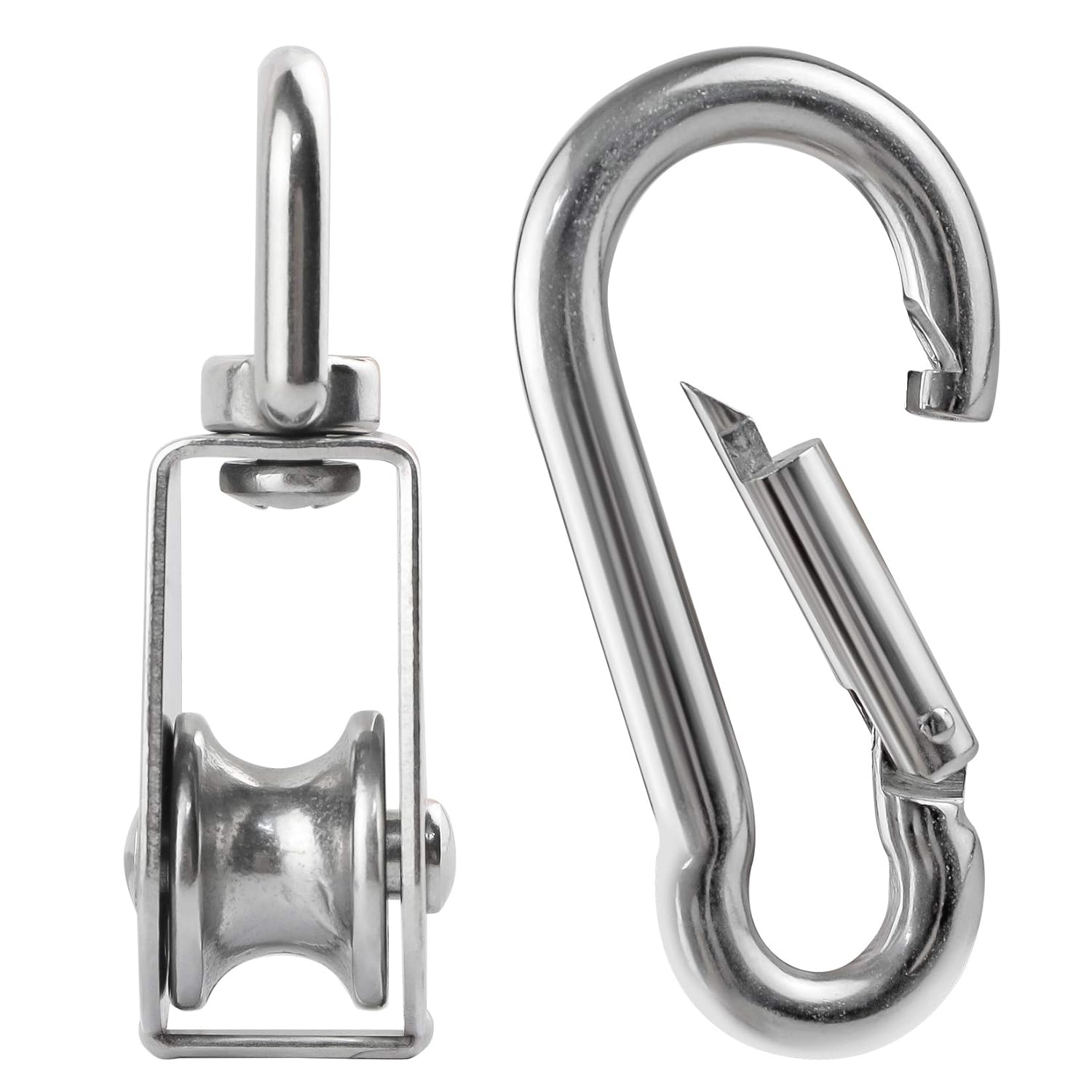 3Pcs 304 Stainless Steel M32 Single Pulley Block, Wire Rope Hanging Wire Towing Wheel, with 3Pcs Spring Snap Hook