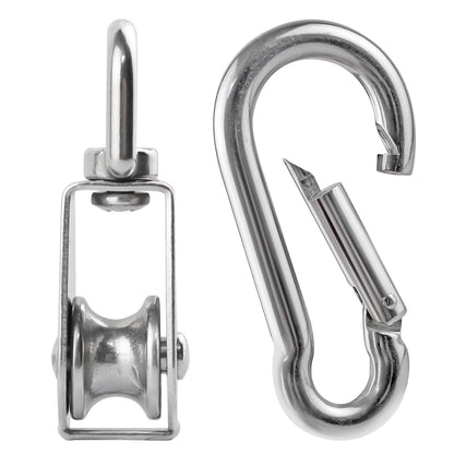 3Pcs 304 Stainless Steel M32 Single Pulley Block, Wire Rope Hanging Wire Towing Wheel, with 3Pcs Spring Snap Hook